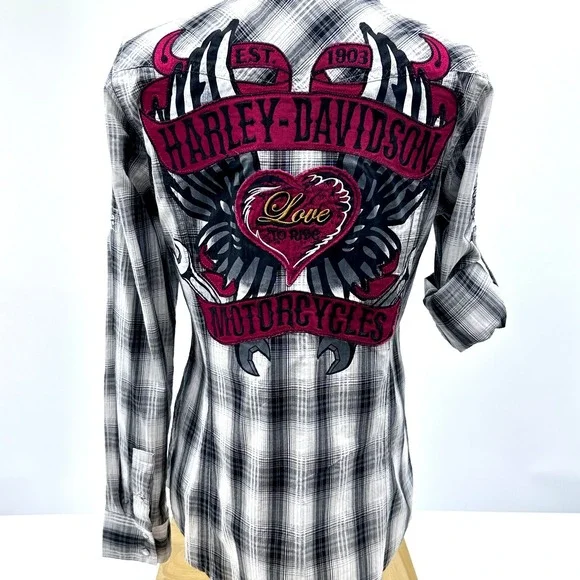 Harley Davidson Womens Plaid Snap Front Shirt Love To Ride Embroidered Wings  M - Picture 2 of 7